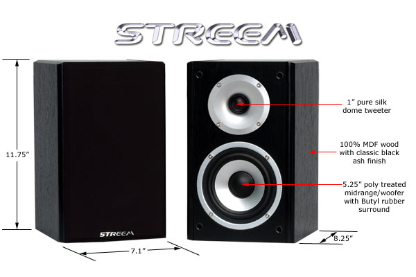 Streem SR-290 surround sound/bookshelf speakers details and dimensions