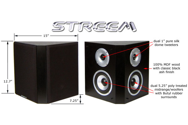 Streem SR-490 surround sound bipole speakers details and dimensions