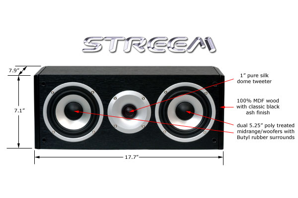Streem CV-525 center channel speaker details and dimensions